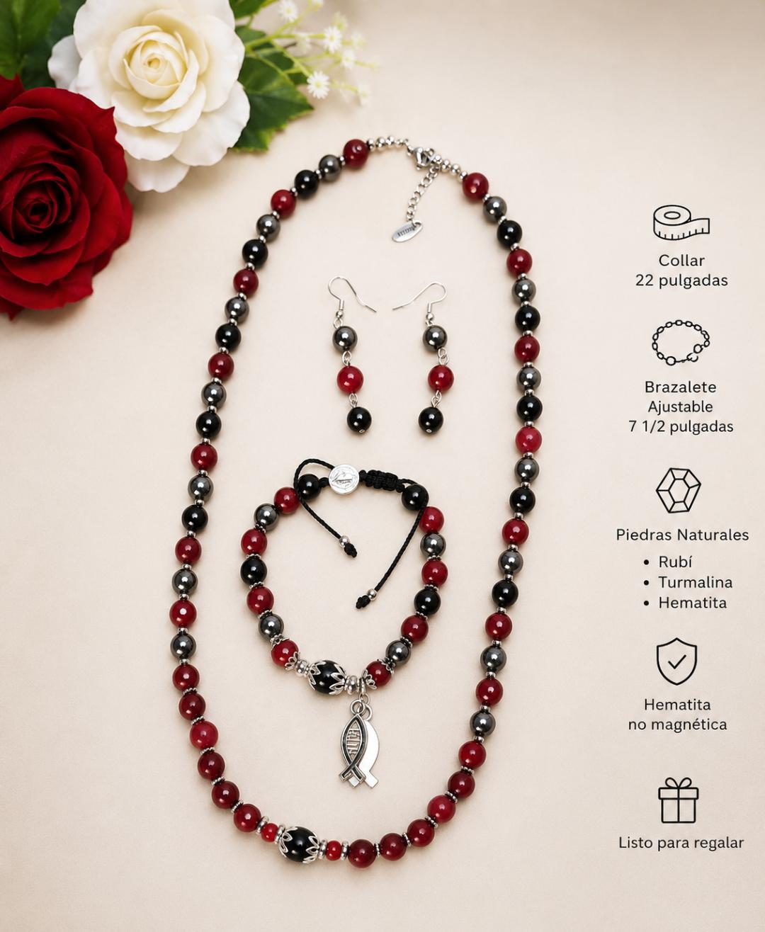 Set de accesorios femeninos en piedras Naturales, Rubi, hematita y Turmalina Negra 8mm y 10mm