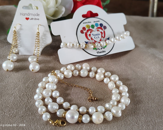 Brazalete, aretes y collar, perlas y stainless steel, hipoalergénico.